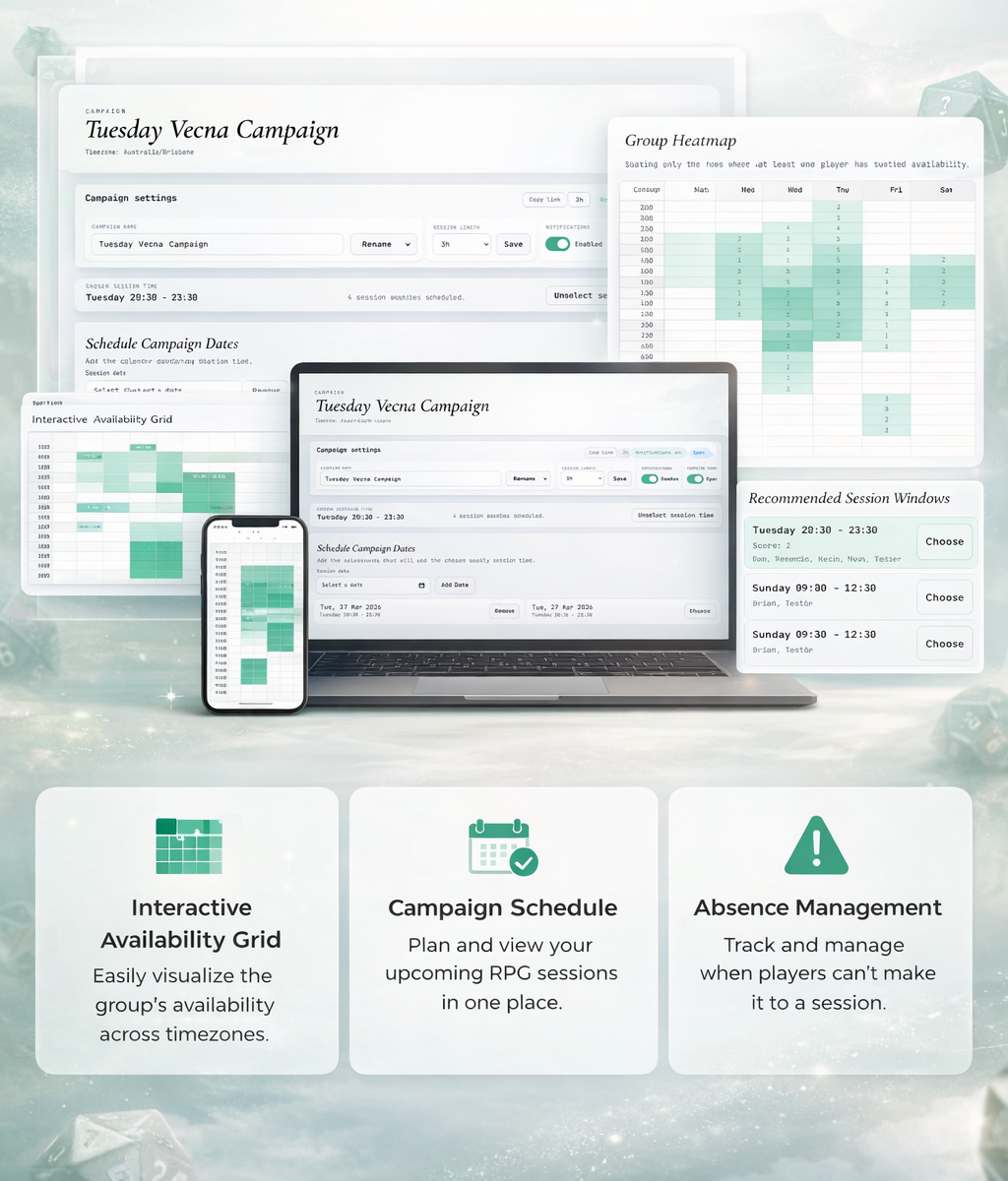 Sample preview of the RPG Session Scheduler dashboard with campaign details, availability heatmap, and recommended session times.